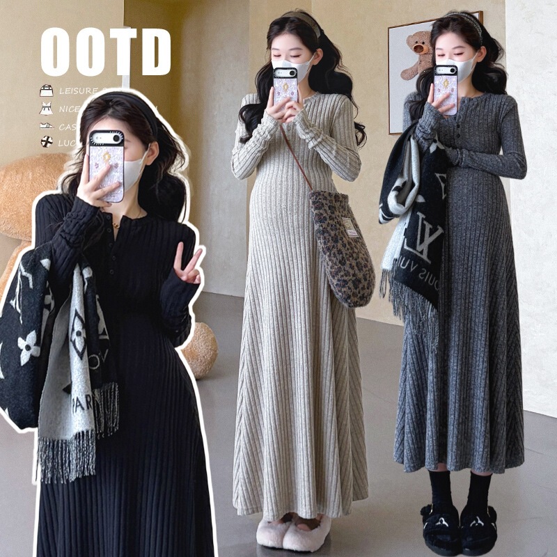 XMF Korean Man Tiancai [Collection] Knitted Maternity Dress with Waist-Cinching Slimming Effect and Inner Layering Skirt