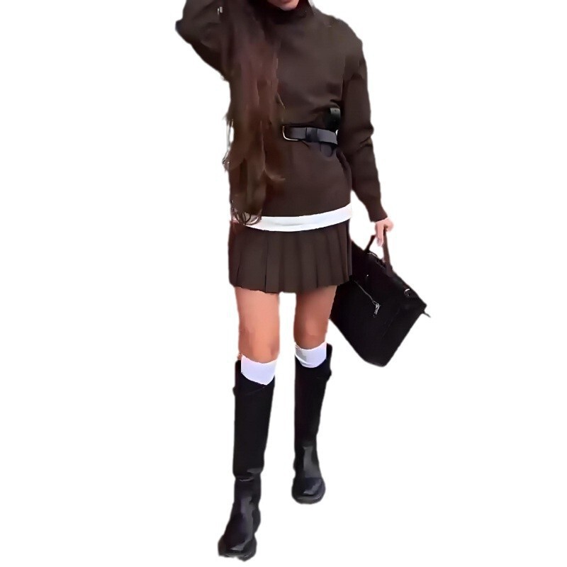 2025 秋の新クロスボーダーセーターヨーロッパとアメリカの貿易婦人服ラウンドネックレトロファッションプリーツスカートスーツ女性|undefined