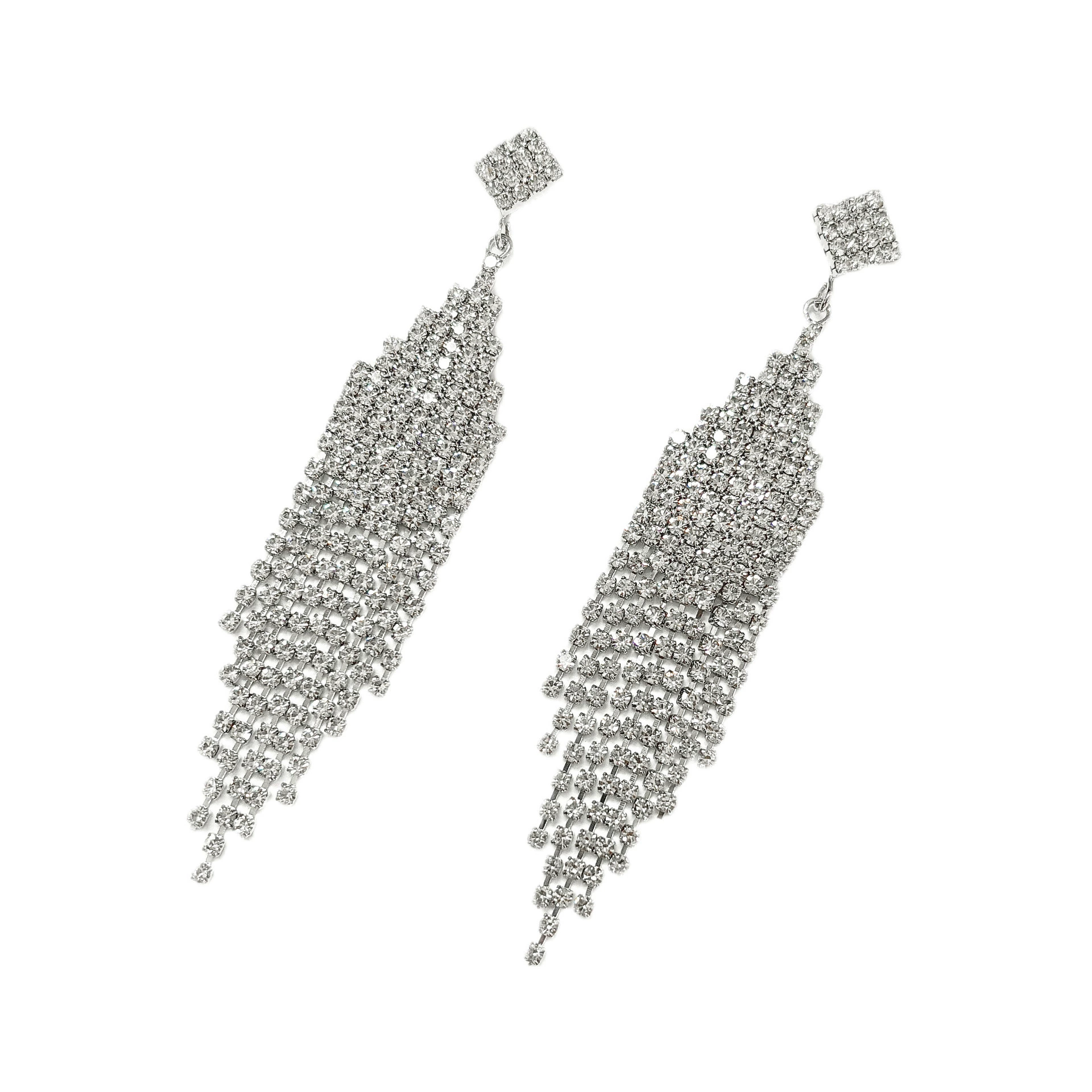 Серебряные серьги Feiyue с кристаллами люстры - блестящие длинные капли, длина 7 см, ширина 4.5 см, высота 4.75 см, вес 26 г