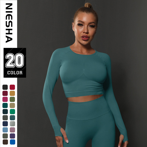 European and American seamless knitted solid color peach tight T-shirt tops fitness sports yoga clothes moisture-absorbent body shaping long-sleeved women