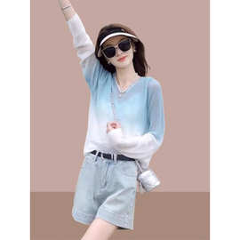 200斤丝长袖T恤女胖MM夏季户外运动微透防晒罩衫渐变色瑜伽服上衣