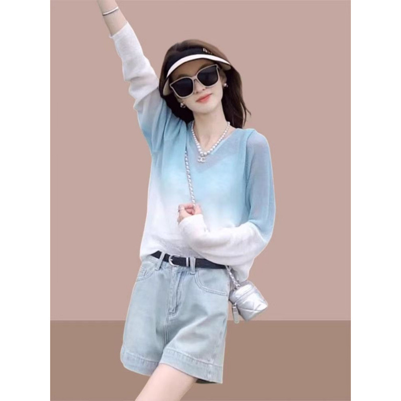 100kg Silk Long-Sleeved T-Shirt for Fat Women in Summer Outdoor Sports Slightly See-Through Sun Protection Blouse Gradient Color Yoga Top