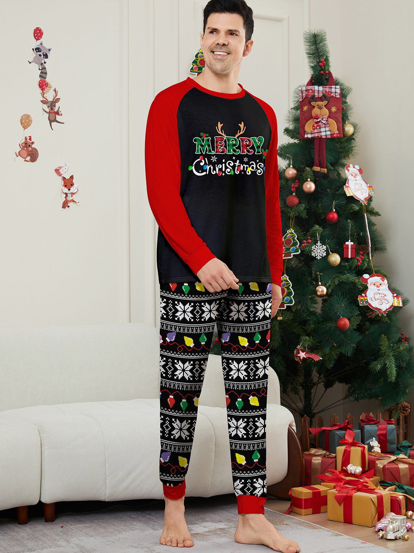 Pyjama imprimé pour la maison avec lettres de Noël et rayures en flocons de neige_voghion.com