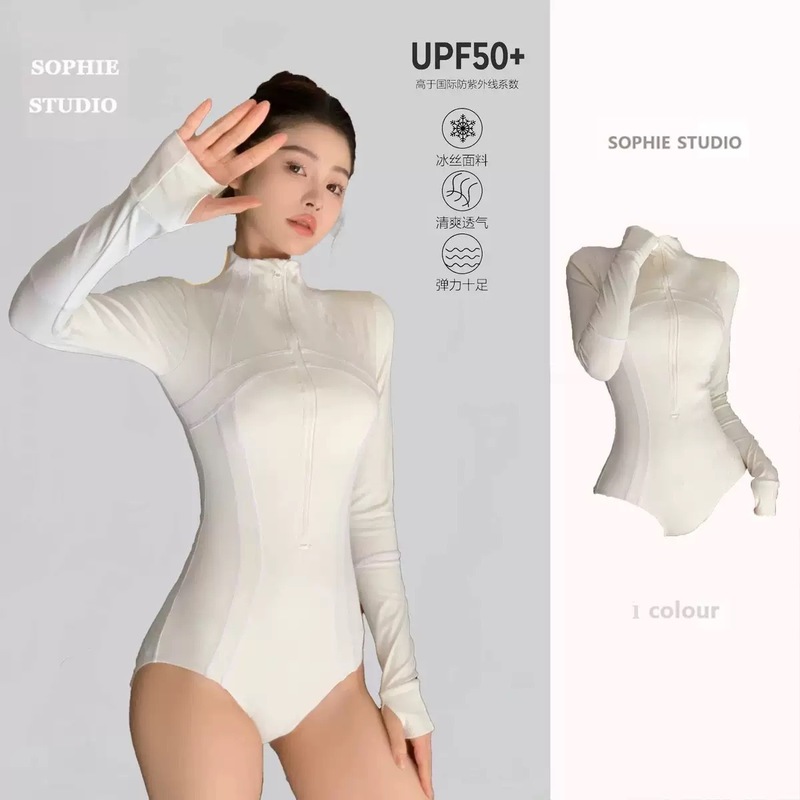 防晒浮潜连体三角长袖潜水服游泳衣女水母服游泳衣女新款白色保守|undefined