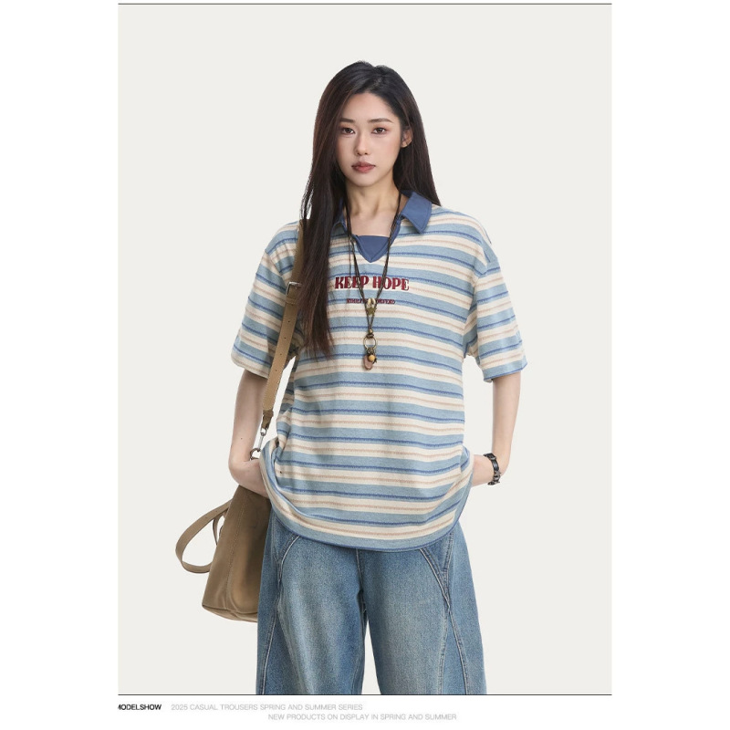Resumm American Retro College Style Striped Short-Sleeved Polo Shirt for Women 2026 Summer New Loose Casual Top Resumm American Retro College Style Striped Short-Sleeved Polo Shirt for Women 2026 Summer New Loose Casual Top