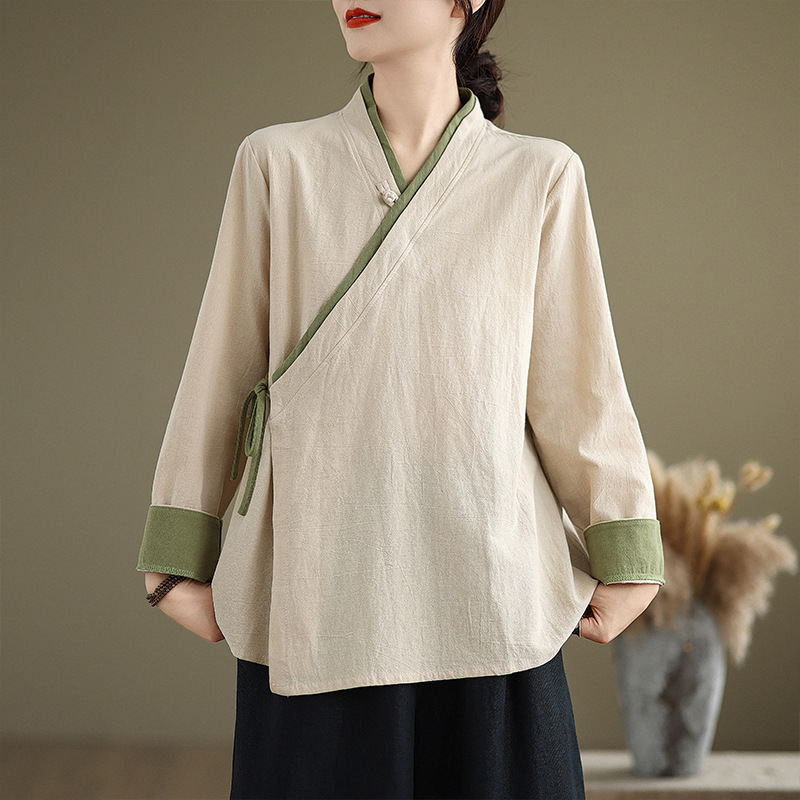 新しい唐装漢服女性の中国風トップス綿とリネンティーアーティスト服茶服在家服禅服長袖秋|undefined
