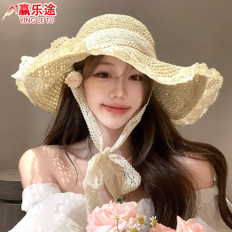 straw sun hat women‘s fashion lace beach trip versatile cover face slimming big brim breathable sun hat
