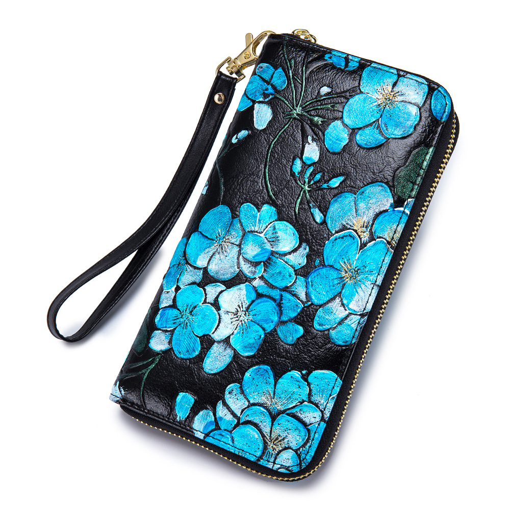 Cartera transfronteriza de las mujeres billetera de cuero con cremallera de moda RFID personalizada de piel de vaca de comercio exterior de Europa y América del embrague