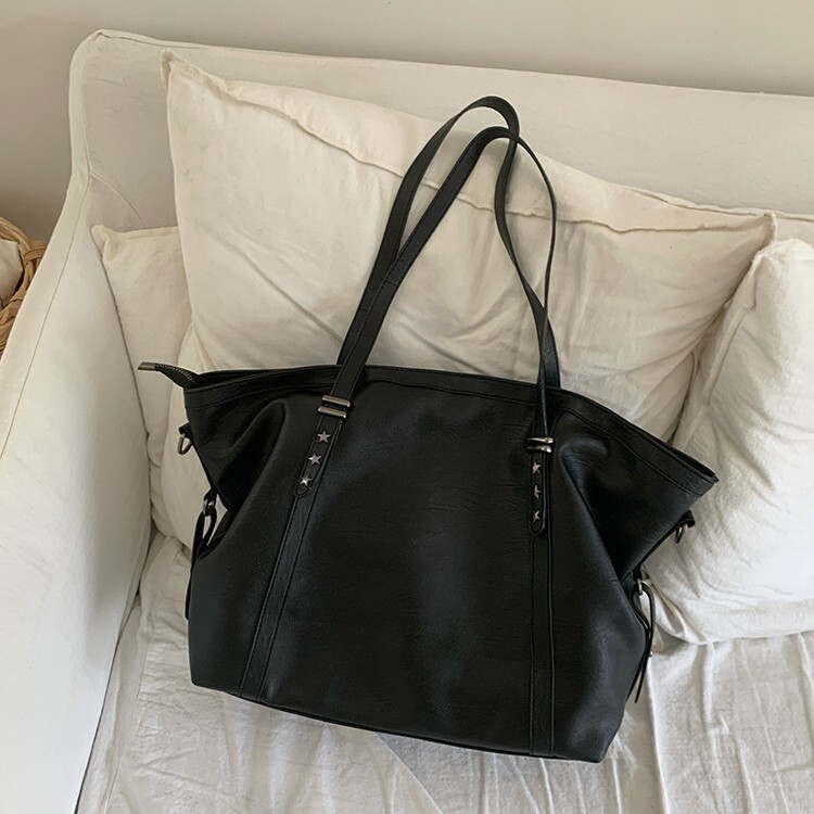 Large Capacity Bag Women's All-match College Style Shoulder Bag Black Commuter Soft Leather Tote Bag Casual Crossbody Bag Trendy