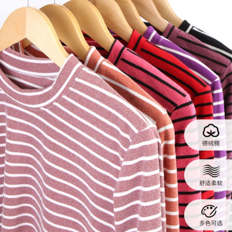 Spring and Autumn De velvet double-sided brushed striped bottoming shirt women's long-sleeved T-shirt stretch middle-aged and elderly mothers wear stall market