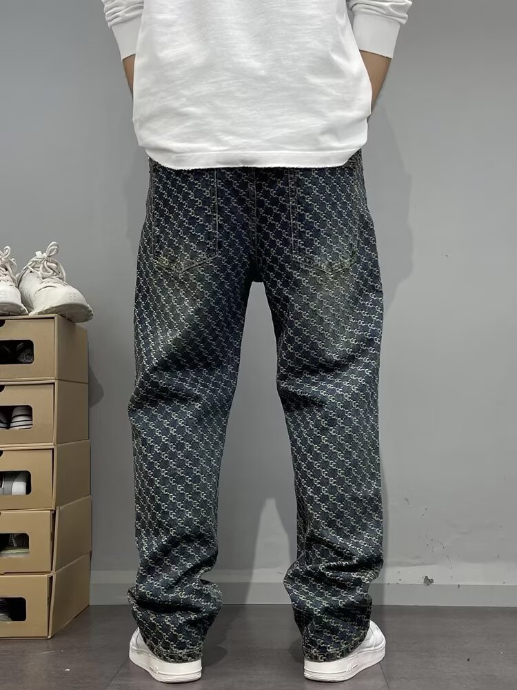 Men's Clothing High End Men's Straight Leg Jeans Streetwear American High Street Style Cool Edgy Vibe Full Print Embroidery_mkmklike.com