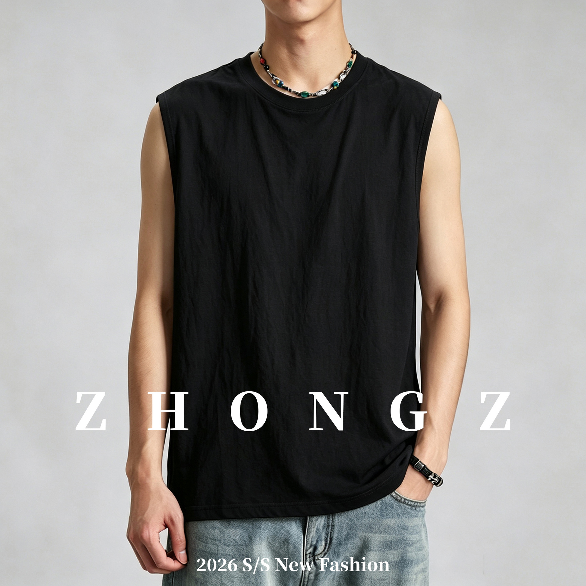 Cross-border sleeveless T-shirt for men, 2026 summer new style, versatile, loose and comfortable, wide shoulders, lazy style vest for men and women.