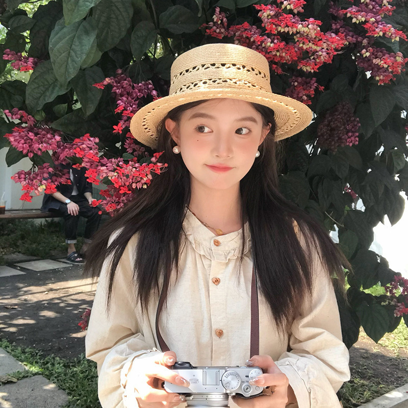 高品质~拉菲镂空平顶帽子女新款夏季礼帽|undefined