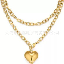 TK跨境欧美双层叠戴爱心颈链夸张百搭桃心吊坠毛衣链现货欧美风格