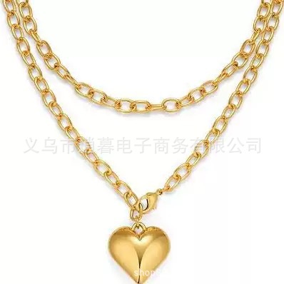 TK跨境欧美双层叠戴爱心颈链夸张百搭桃心吊坠毛衣链现货欧美风格