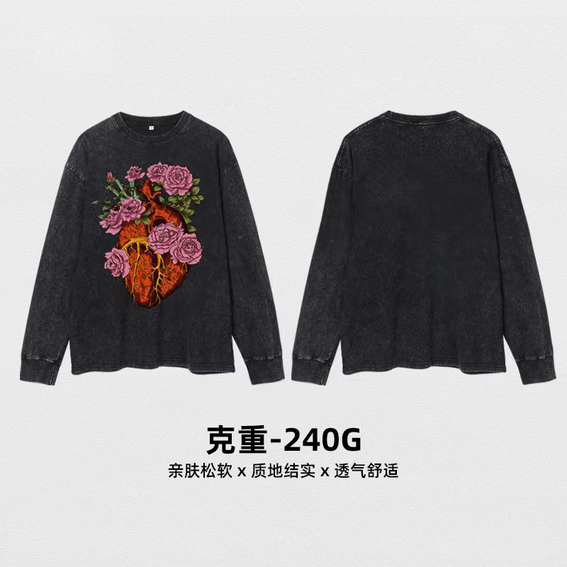 Camiseta de manga larga impresa de marca de alta calle oscura, camiseta para hombres, camiseta de base de pareja suelta de tamaño grande