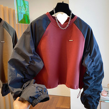 抽绳设计感套头圆领撞色拼接插肩袖卫衣女秋短款今年流行漂亮上衣