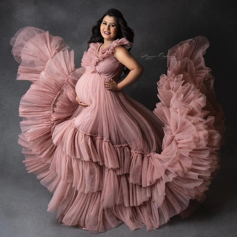 Bean paste color trailing gauze skirt pregnant women photo photo evening dress multi-level shoulder strap small tail can be made of multi-color