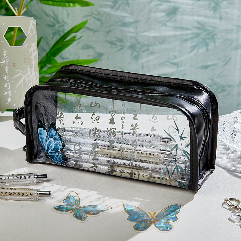 Nuevo estuche de lápices literario de estilo nacional de estilo chino, estuche de lápices para estudiantes de alto valor de nicho, caja de papelería impermeable transparente de gran capacidad de marea nacional