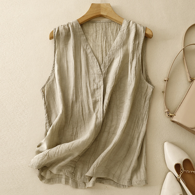 2024 Summer Cotton and Linen Pleated Japanese Style Thin Sleeveless Outer Wear Niche Vest Vest Blouse