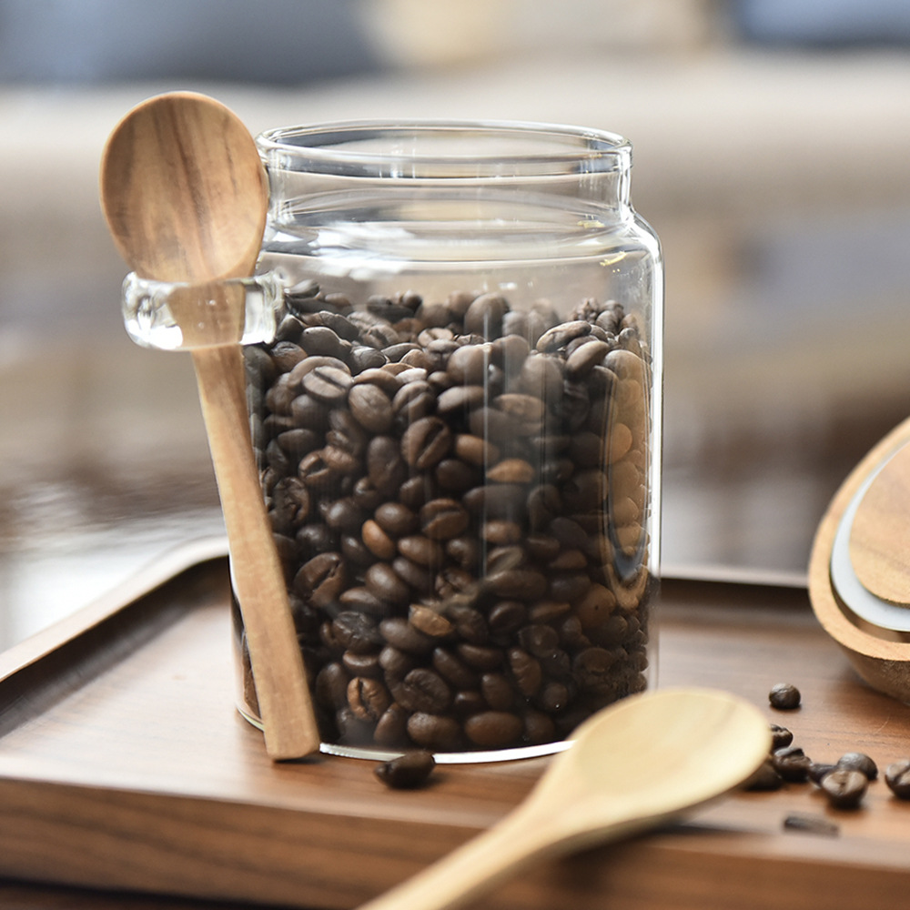 Tanque de vidrio sellado japonés, tanque de almacenamiento de granos de café doméstico con botella de condimento de cuchara de madera, tanque de almacenamiento de alimentos de cocina mayorista