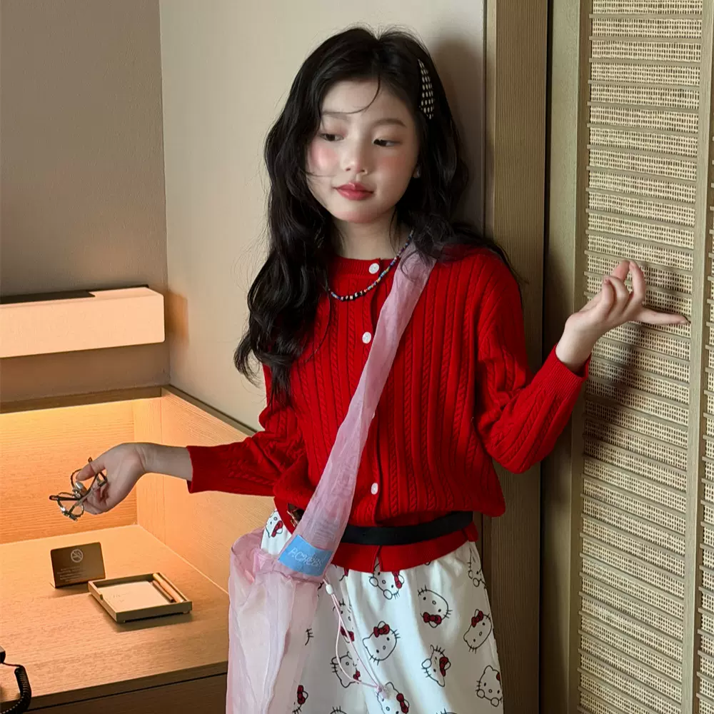 花与寻童装女童坑条开衫毛衣2026年春款软糯亲肤宽松儿童针织毛衣