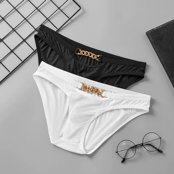 Men's Hollow Metal Chain High Elastic Sexy Briefs Cross-border Thin Ice Silk U-Convex Low Waist Breathable Underwear