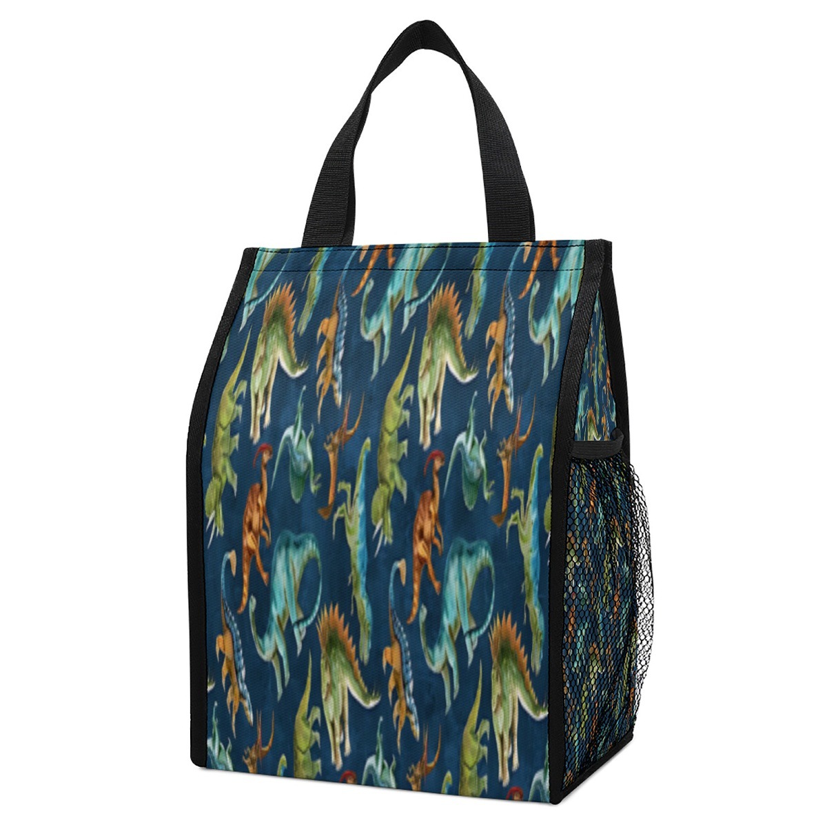 蓝色恐龙图案图案印花午餐袋保温袋餐包，容量大有侧网袋