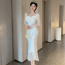 实拍性感长款蕾丝长袖打底连衣裙