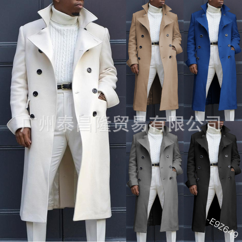 Amazon wish Europe and the United States cross-border autumn and winter slim double-breasted solid color casual woolen trench coat coat men's coat