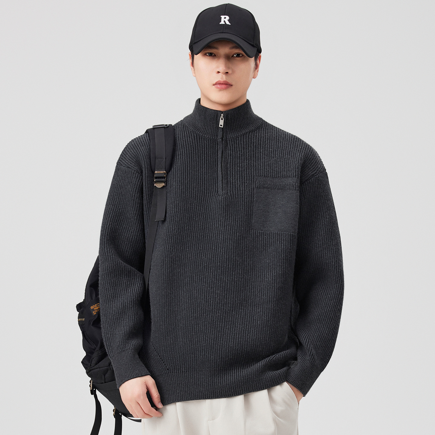 Camisas de punto de cuello vertical con medio cremallera para hombres retro americano suelta otoño y invierno 2025 nuevo suéter de moda pareja de moda