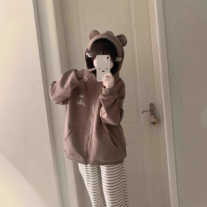 2026 Autumn and Winter Japanese Style Cute Embroidered Long-Sleeve Hooded Sweatshirt Versatile New Bear Ear Jacket Top for Women