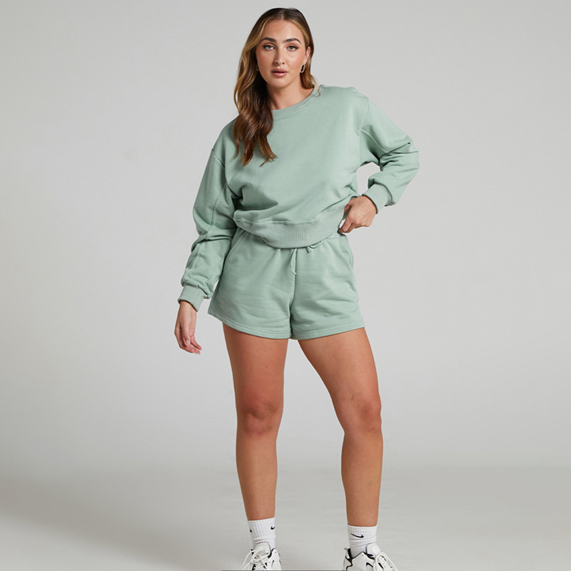 Solid Color Long Sleeve Sweaters Women Clothing Short Two-Piece Casual Shorts Suit