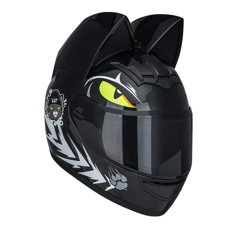 Casco de motocicleta eléctrico HNJ para mujer con orejas de gato, casco integral para verano, se puede equipar con auriculares Bluetooth, casco integral para motocicleta.
