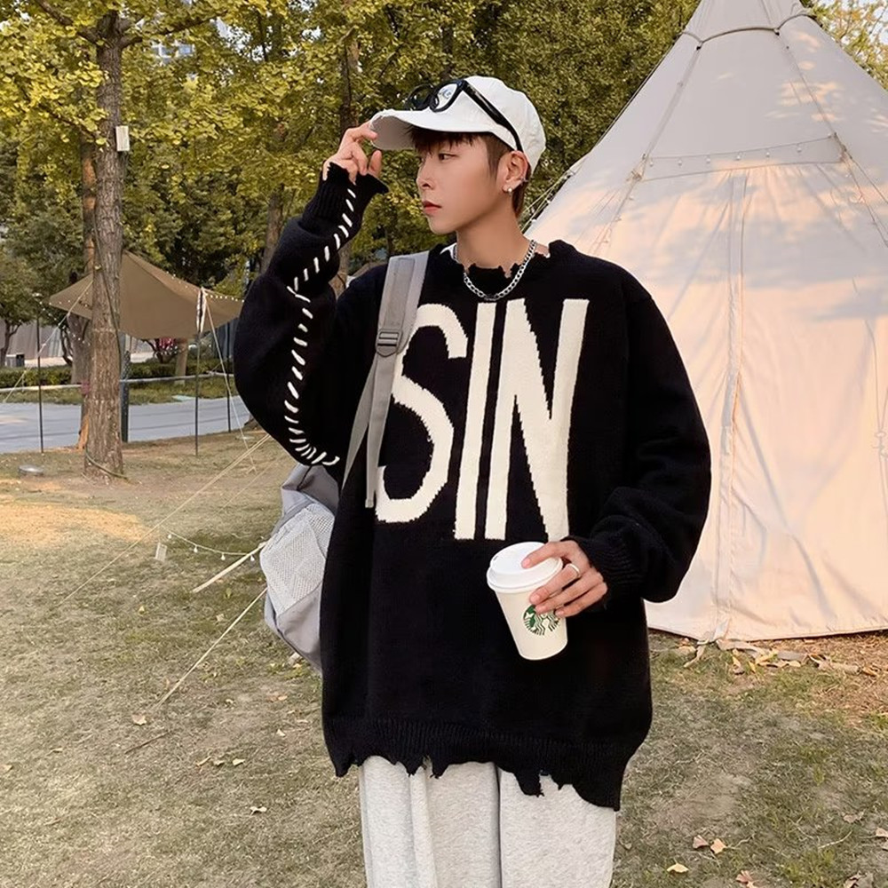 2022 Knitted Sweater Men's SIN Alphabet High Street Loose Casual Irregular Destruction Crewneck Trendy Brand Sweater vibe Style