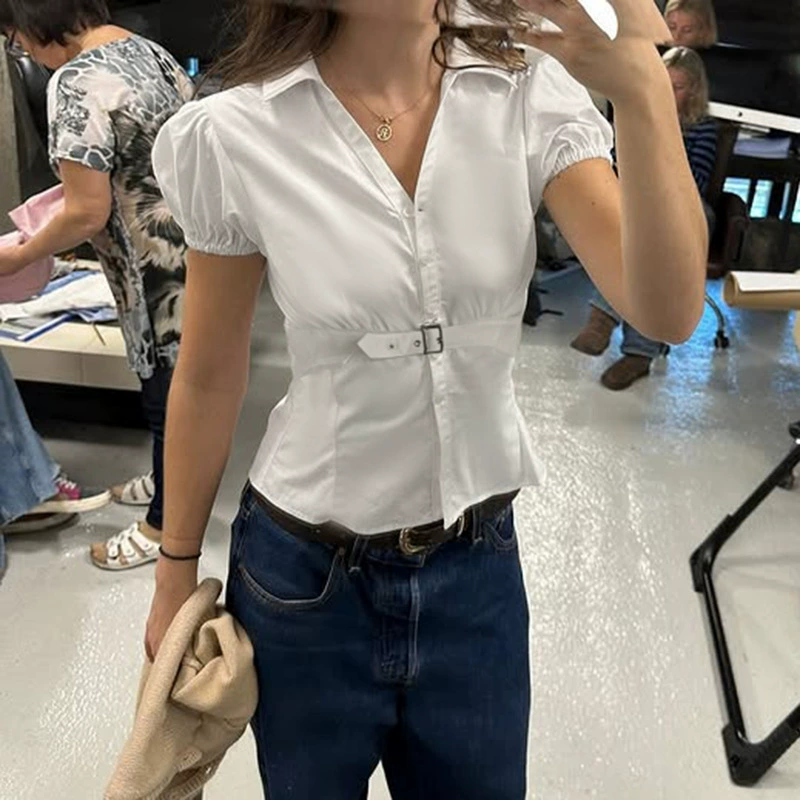 Трансграничная амазонка простой пригородной ветер белый талия металлическая пряжка декоративная рубашка темперамент элегантный базовый топ