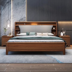 胡桃木軟靠新中式實木床1.8夜燈主臥雙人床1.5現代簡約儲物大婚床