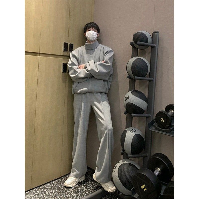 (2개) 한국식 유행 캐주얼 느슨한 어깨 패드 스웨트 봄 가을 간단한 스포츠 외부 세트 남자 바지 투피스 세트