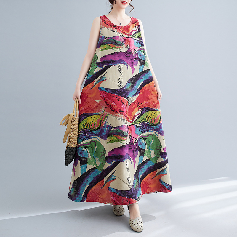 Summer New Retro Floral Linen A-Line Long Skirt Large Size Pullover Sleeveless Round Neck Mid-Length Cotton and Linen Dress Summer New Retro Floral Linen A-Line Long Skirt Large Size Pullover Sleeveless Round Neck Mid-Length Cotton and Linen Dress