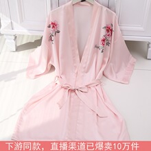 冰丝晨袍走秀睡袍网红明星同款印牡丹花女士睡衣浴袍和服袍