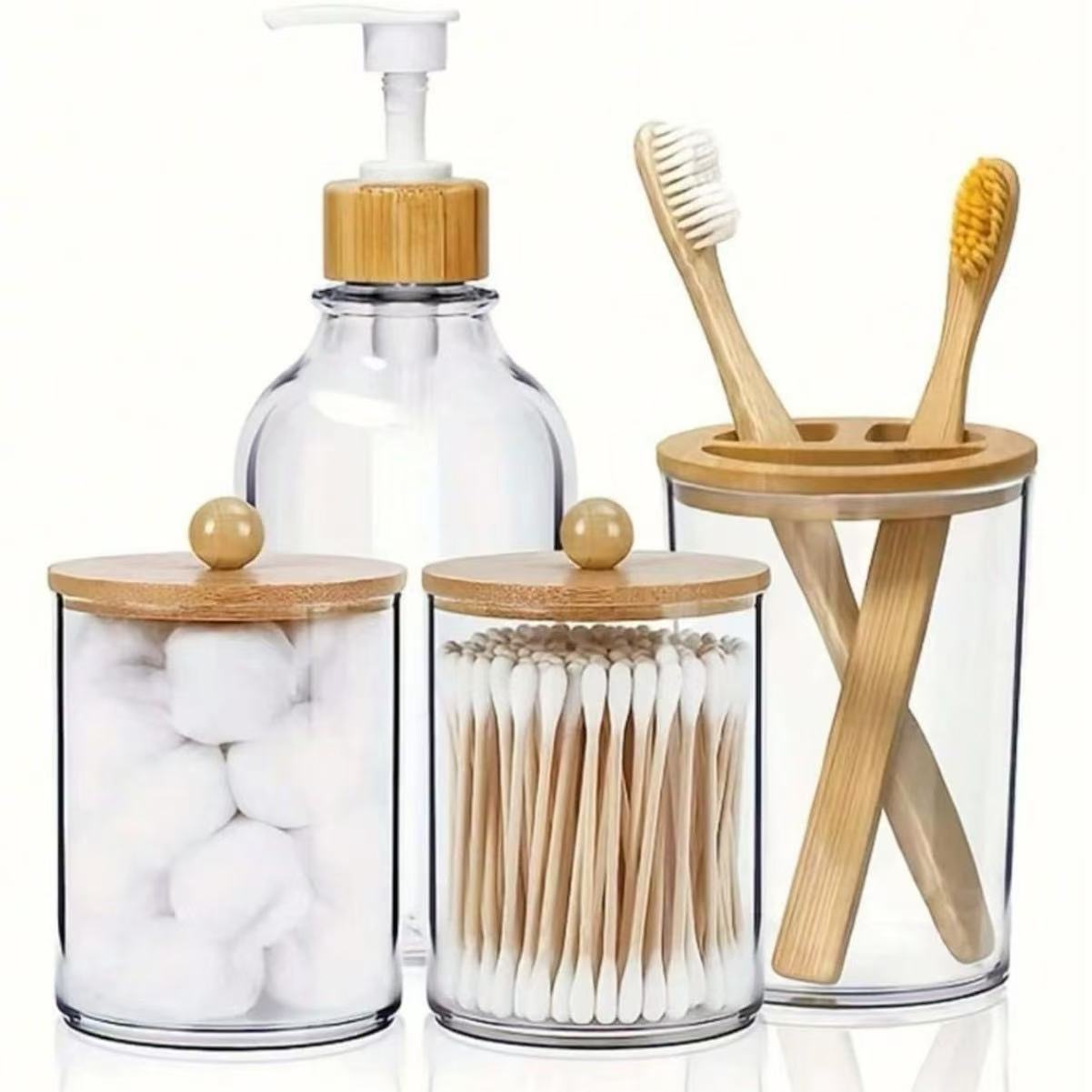 Transparent Bamboo Lid Hand Sanitizer Bottle Toothbrush Cup Bathroom 4-Piece Set Cotton Swab Storage Box Acrylic Bamboo Lid Set