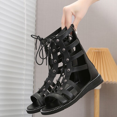 Women's Large Size Summer High-Top Open-Toe Ankle Boots with Roman Eyelets and Zipper Back