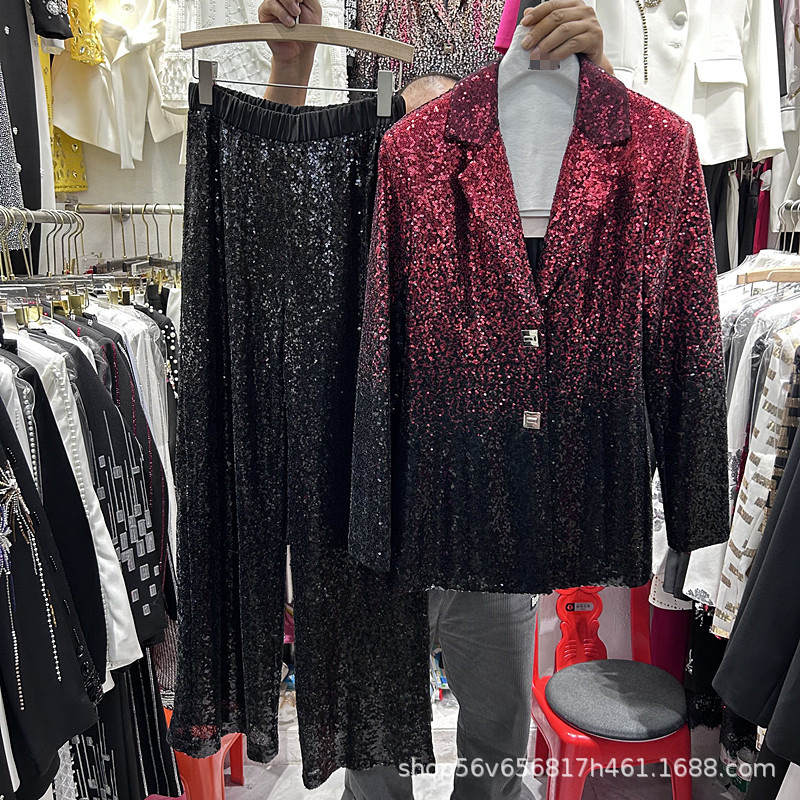 Cross-Border European and American Sequined Baby's Breath Long-Sleeved Suit Top + Elastic Waist Fashionable Shiny Wide-Leg Pants Suit