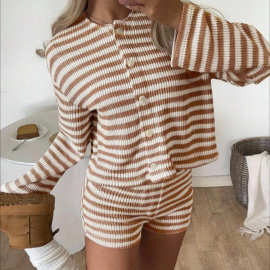 欧美跨境亚马逊2026春夏新款两件套修身条纹短款开衫短裤套装女装