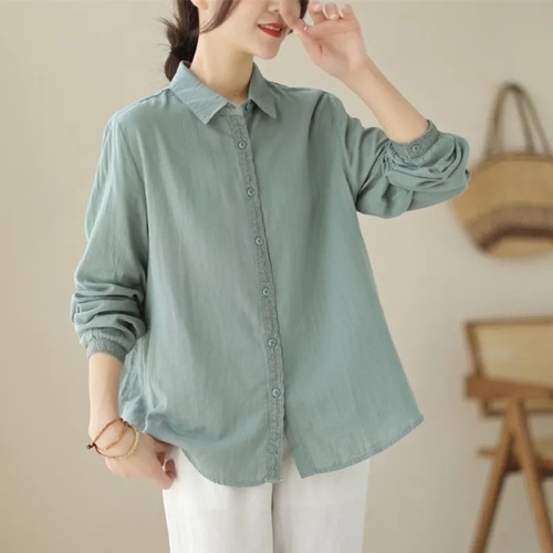 2025 Spring Design Focused Niche Cotton Linen Women's Lace Splicing Plain Color Loose Long Sleeve Cardigan