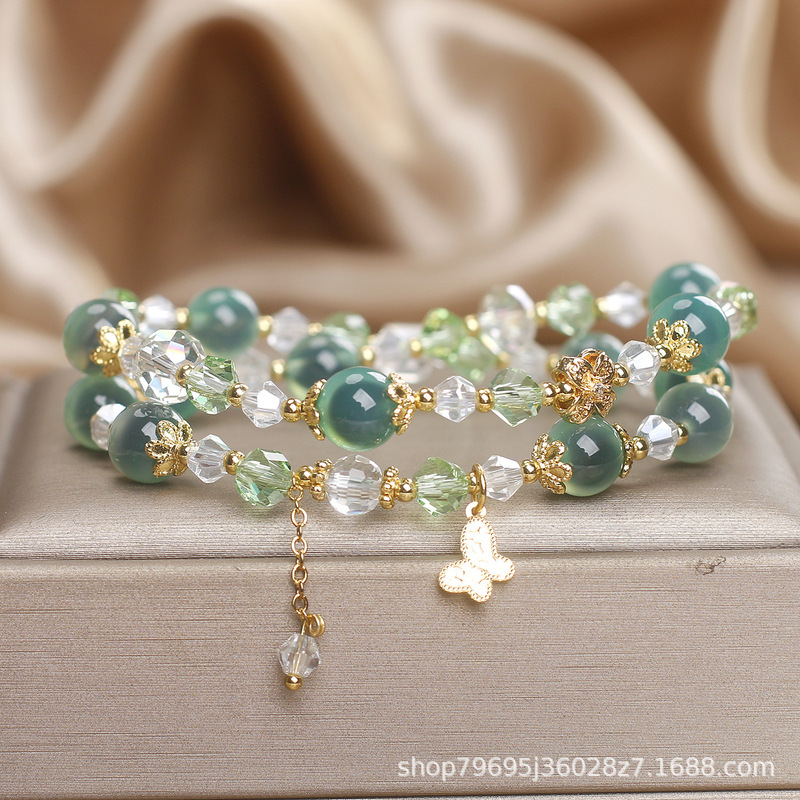 Natural Green Sugar Heart Agate Double-Circle Bracelet for Women, Fresh and Elegant Butterfly Pendant Crystal Bracelet, Gift for Best Friend
