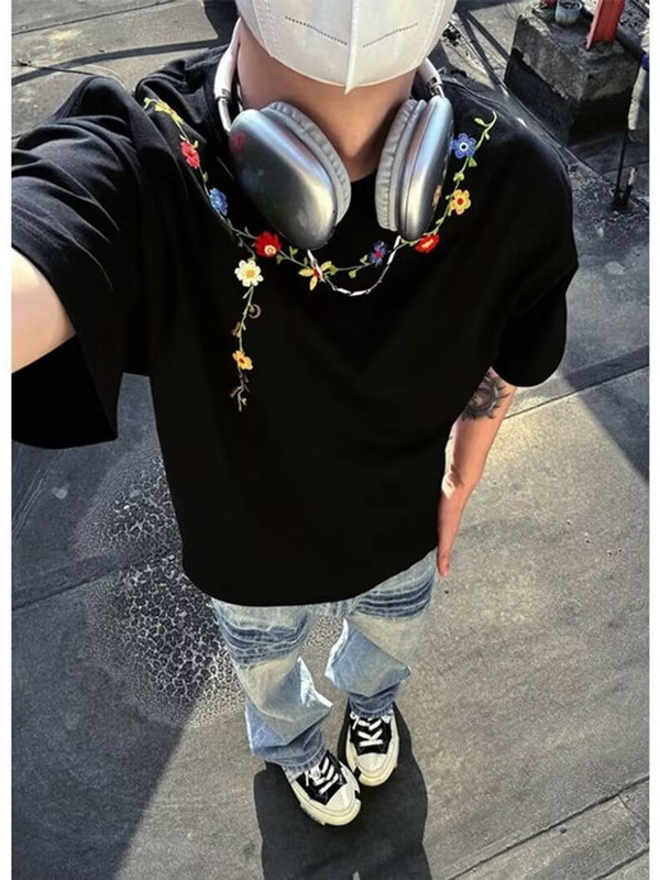 アメリカ式高街重ポンド刺繍純綿つる半袖tシャツ男夏新作潮牌半袖ゆるい上着女|undefined