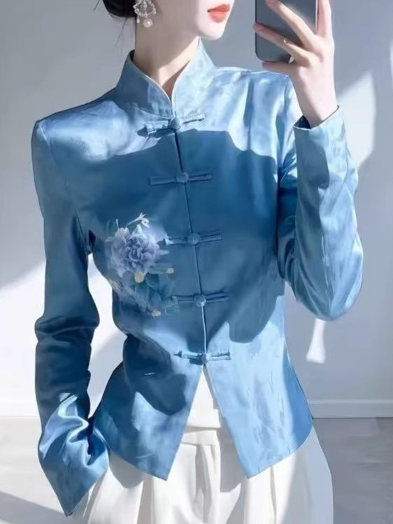 新中式国风女装蓝色立领衬衫女早秋季气质小衫独特漂唐装盘扣上衣|undefined