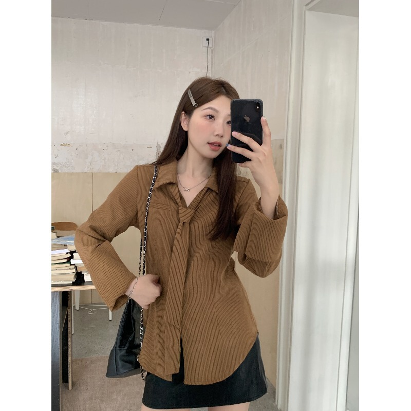 春装新款美拉德翻领中长款衬衣大码胖mm小众设计感条纹衬衫上衣女|undefined