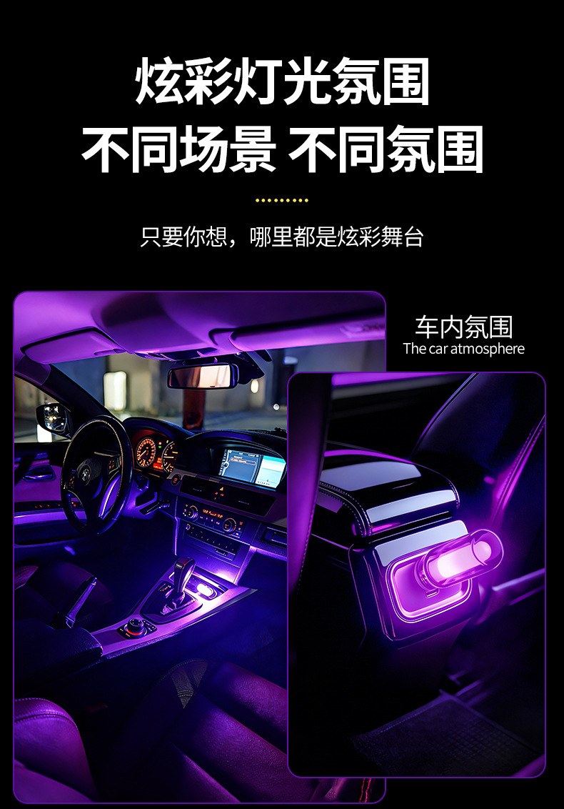 Cross-Border New Model Car USB Night Light, Car Atmosphere Light, Glass Bottle Led Colorful Flowing Light, Universal Decorative Light
